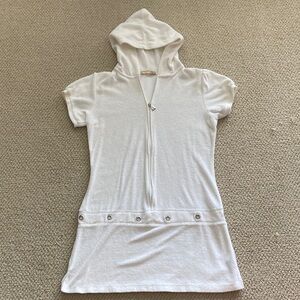 Elan Y2K Cotton Poly Terry White Hooded Swim Cover-Up Short Sleeve Size Large